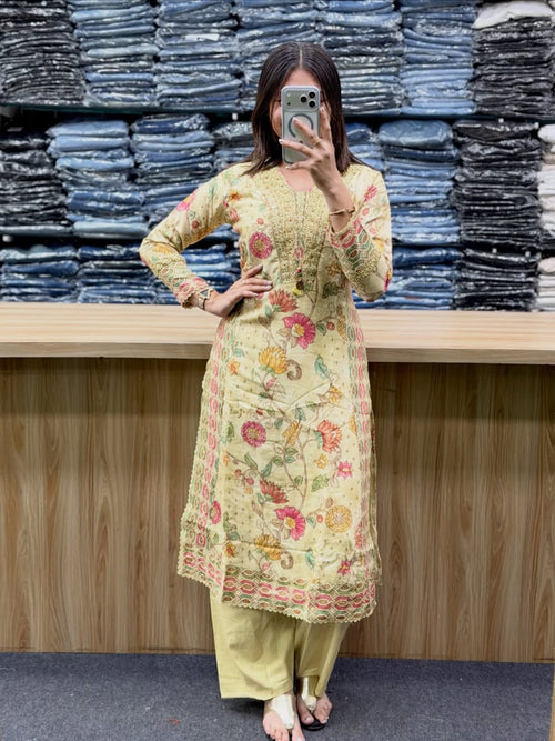 Brown Chanderi Embroidered Kurti with Dupatta