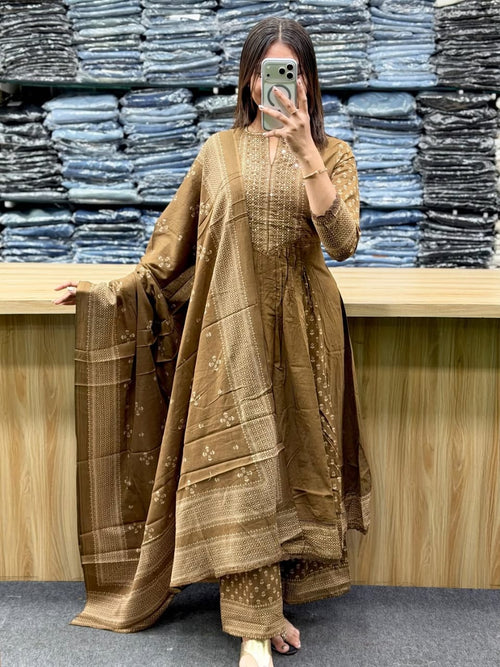 Beige Floral Print Kurti with Palazzo